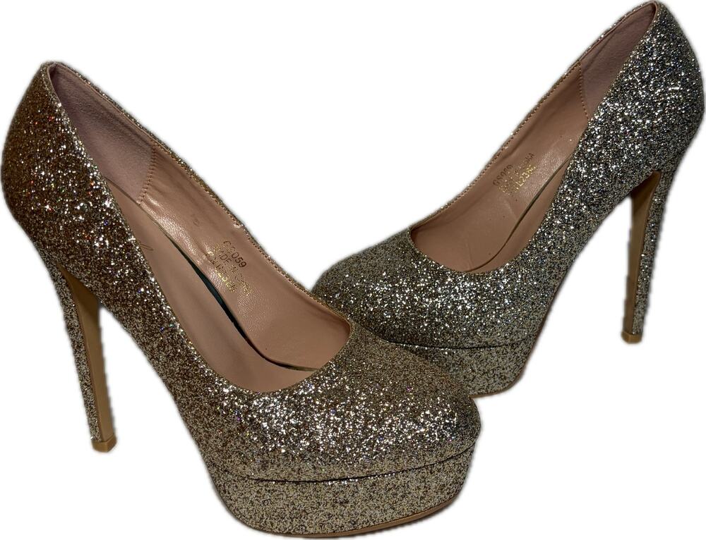 Genshuo Heels Pumps Stiletto Gold Glitter 5.5" Wedding Platform Party Prom NIB 8